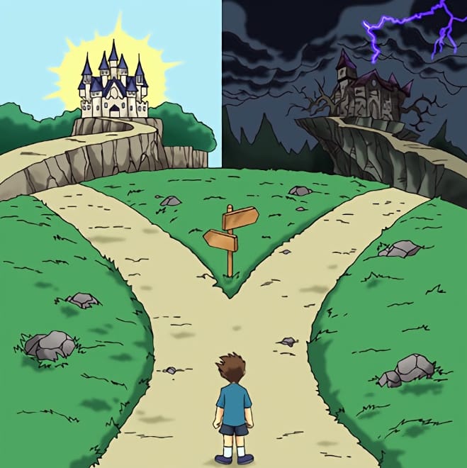 a crossroads, with a figure at the center. two paths diverge: left to a clean bright castle; right to a dark stormy castle.