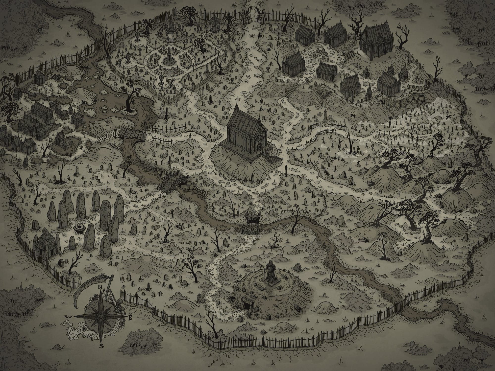 a regional map of a graveyard, with multiple adventure sites shown (standing stones, barrows, flooded mausoleums, etc.)