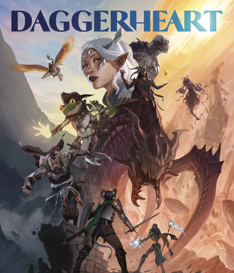 a diverse party of fantasy adventurers β including an elf with white hair, a frog-like creature casting magic, an armored dwarf, and several other heroes β set against a dramatic sunlit landscape with ruins, a massive dragon silhouette, and shadowy figures looming in the background.