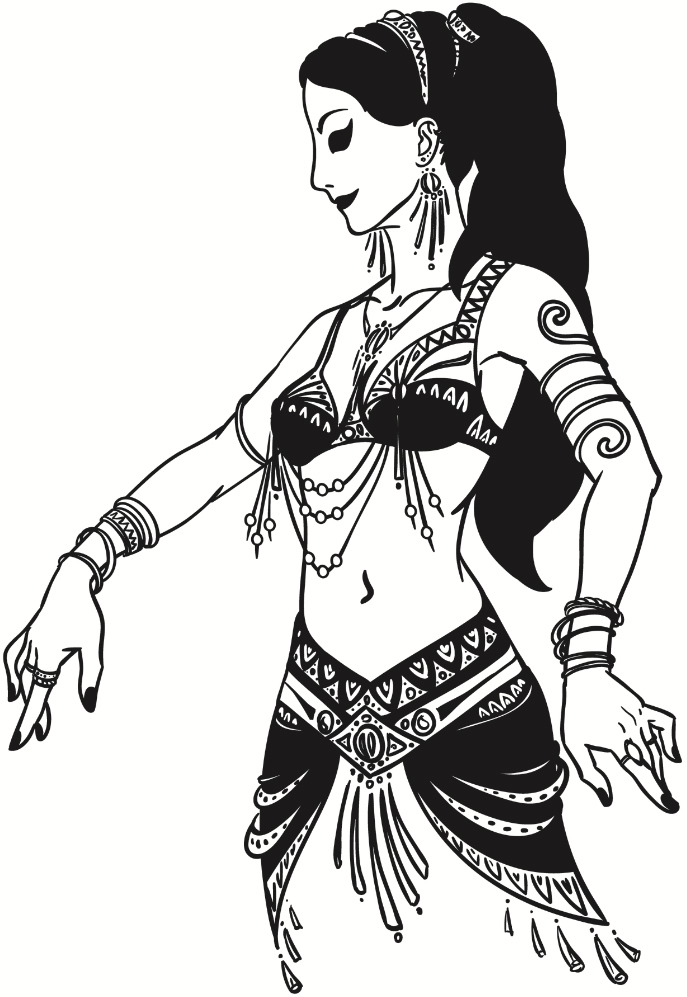 A black and white line art drawing of a woman wearing a traditional belly-dancer bedlah.