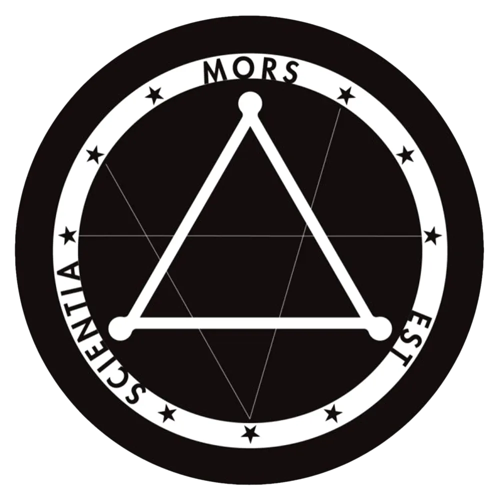 A circular logo, black and white, with the words "Scientia Morst Est" on the outer ring.