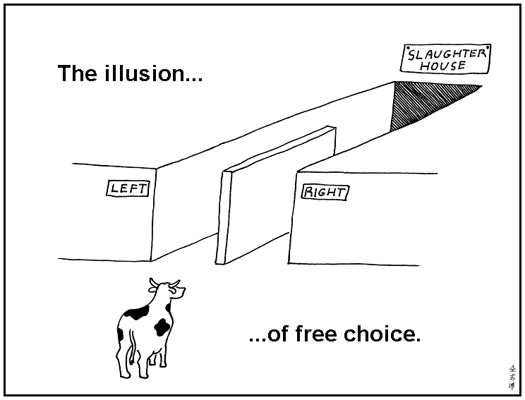 a cow stands before a wall with two openings; both lead to the slaughterhouse. the caption is "the illusion...of free choice." 