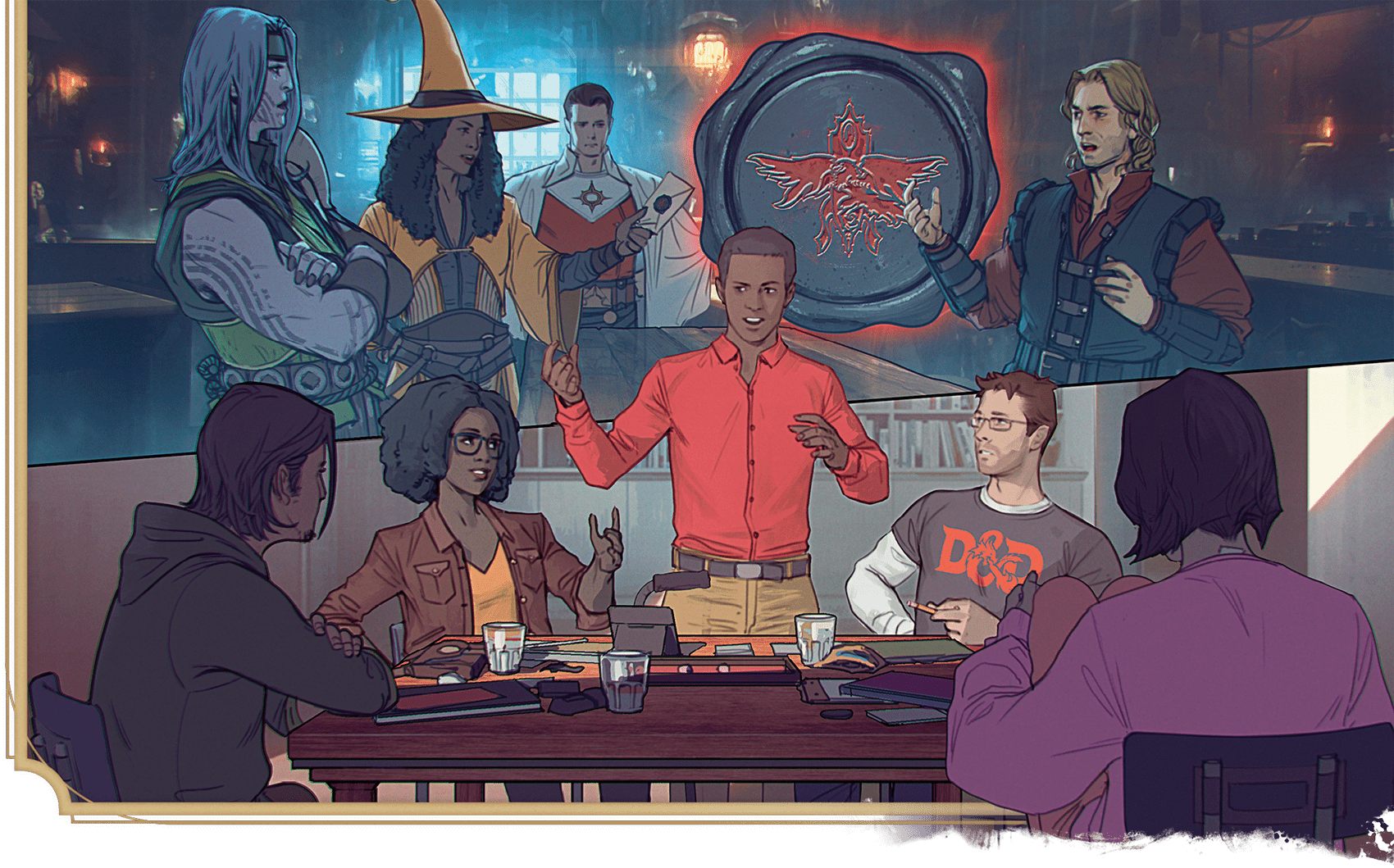 four players sit a while a fifth, the GM, gestures. Above, fantasy characters come to life: an elf with tattoos, a wizard in a pointy hat, a paladin in white, a rogue in a vest. 