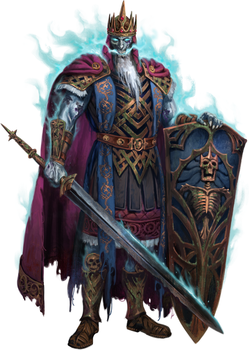 A massive undead king, with a big sword and shield, stands menacingly. His clothing is adorned with skulls and he radiates bad vibes.