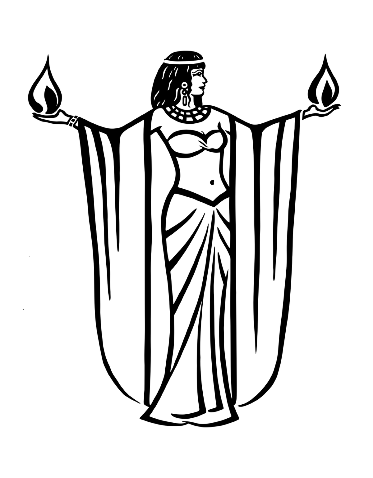 a black and white line-art drawing of a woman with black hair, long robes, an exposed midsection, and a flame in each outstretched hand.