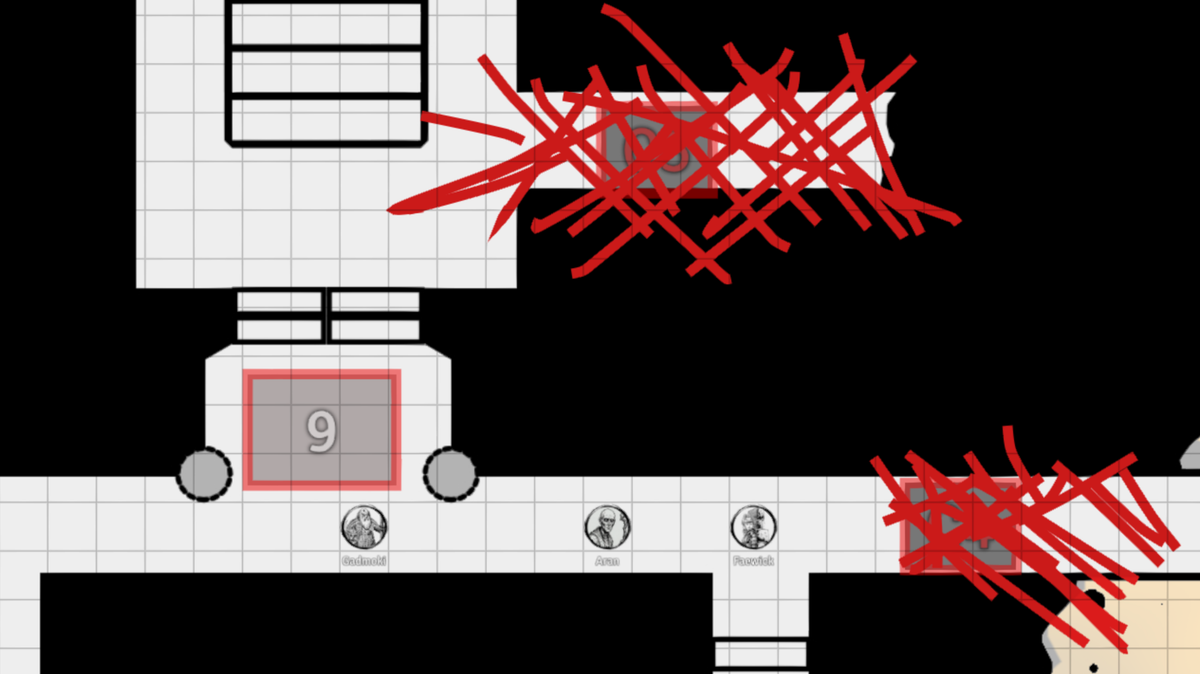 A VTT screenshot of a black and white hallway, with 2 paths blocked off and 3 character tokens about to die.