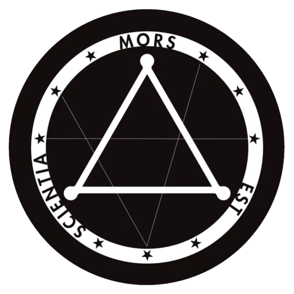 A circular logo, black and white, with the words "Scientia Morst Est" on the outer ring.