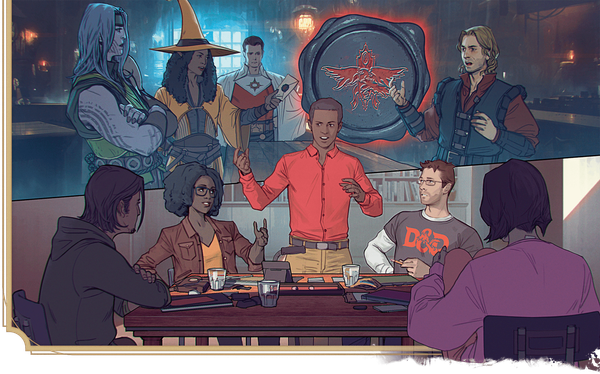 four players sit a while a fifth, the GM, gestures. Above, fantasy characters come to life: an elf with tattoos, a wizard in a pointy hat, a paladin in white, a rogue in a vest. 