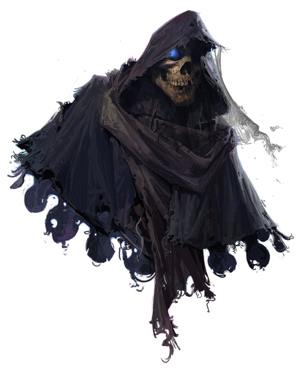 a floating skull wearing a cowl 